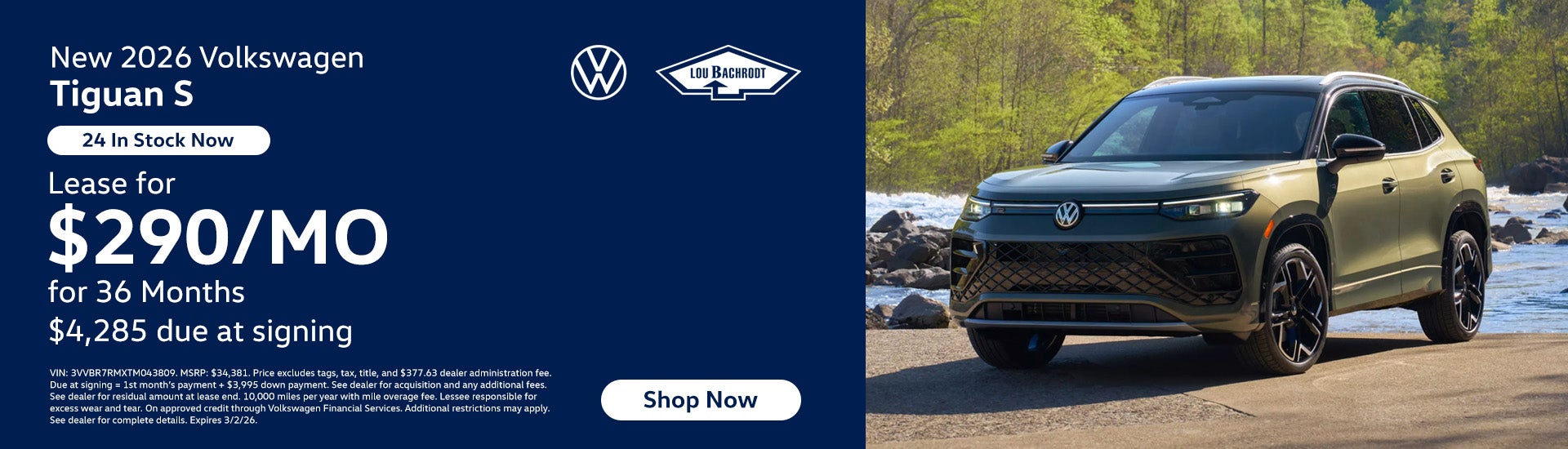 Tiguan S Lease for $290/mo. for 36 Months $4,285 das