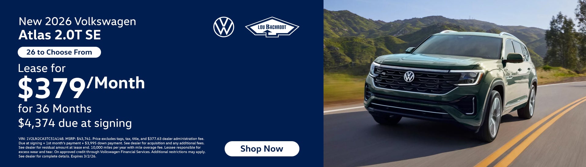 Atlas Lease for $379/mo. for 36 Months $4,374 due at signing