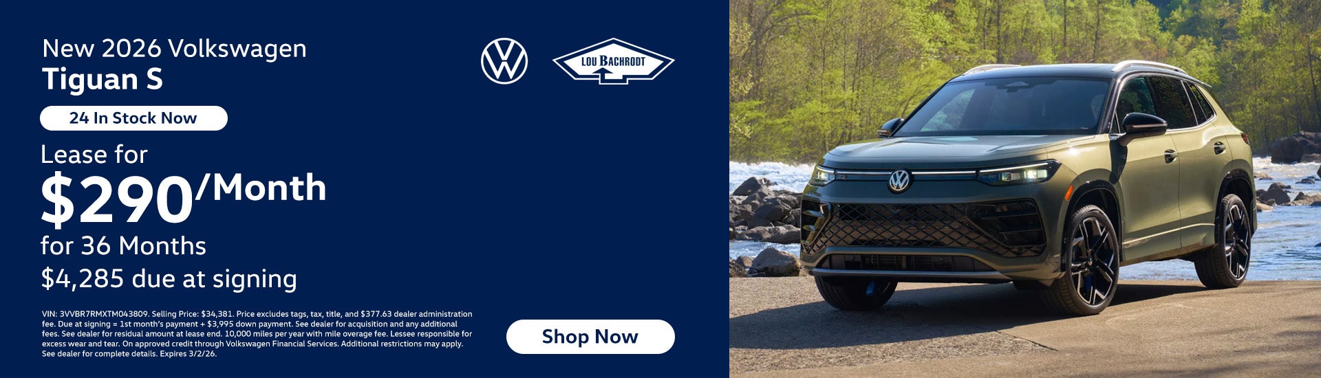 Tiguan S Lease for $290/mo. for 36 Months $4,285 das